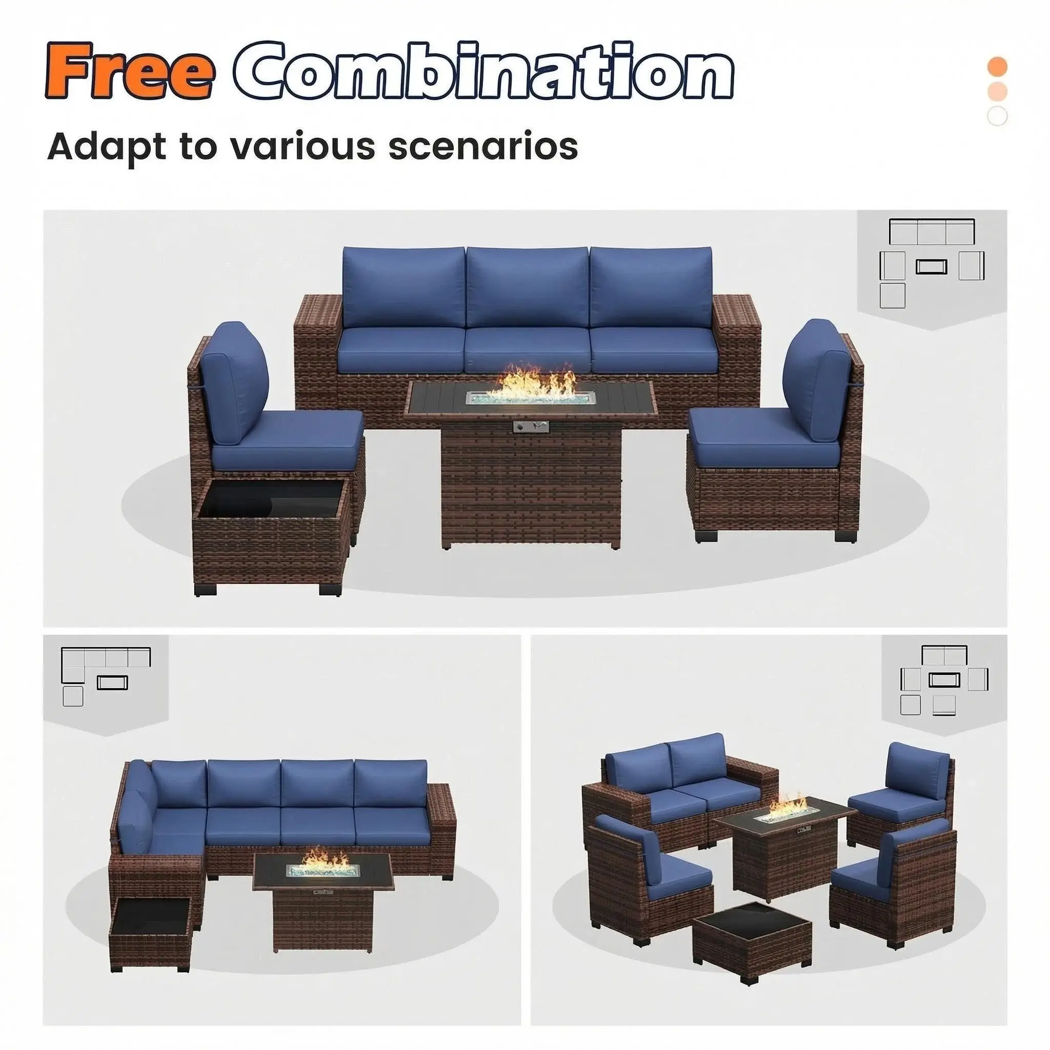UDPATIO Patio Furniture Set with Fire Pit Table, Outdoor Patio Sofa Set With Wide Armrest, All-Weather Wicker Rattan Guest Set With Cushion And Glass Table And Waterproof Cover, Brown&Navy Blue