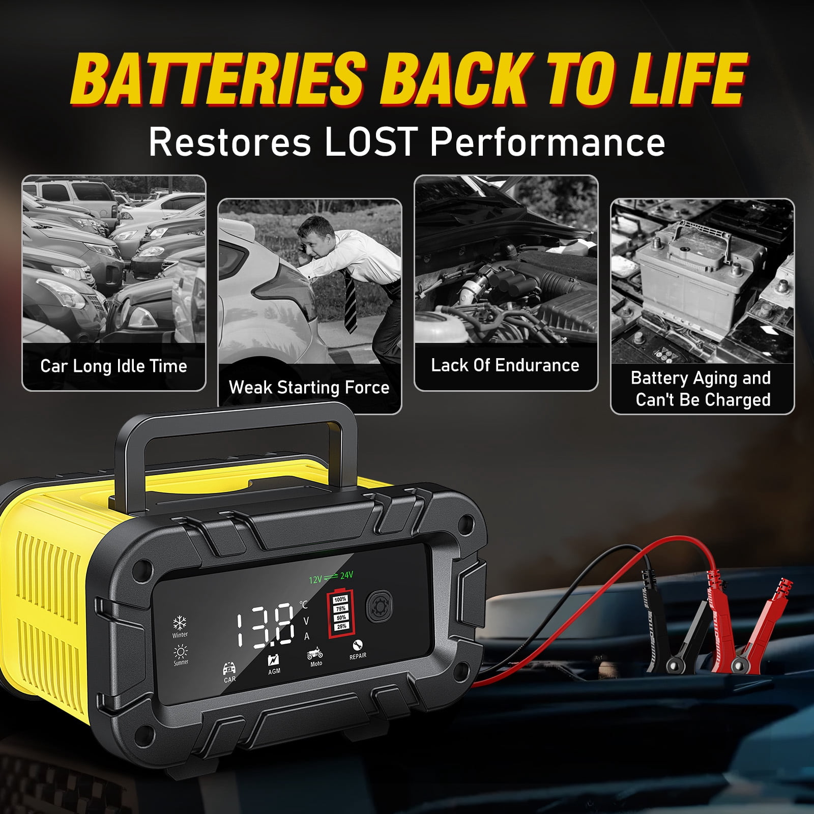 HUSGW 12V 20A /24V 10A Battery Charger, Fully-Automatic Smart Car Battery Charger, Compatible with Lead-Acid & LiFePO4 Lithium Iron Phosphate Batteries for Cars and Motorcycles