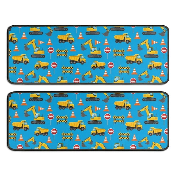 Excavator and No Entry Sign Blue Anti Fatigue Kitchen Rugs Set Of 2, Non Slip Washable Decorative Floor Mats for Sink Laundry and Home Use, 17"x47"