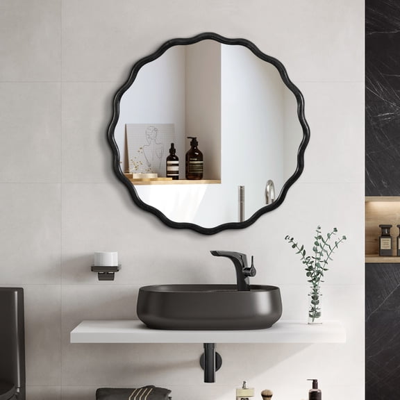 Hassch Rustic Round Wall Mirror, 31 Inch Black Wood Circle Mirror with Wavy Shaped, Farmhouse Decorative Mirror for Living Room, Bedroom, Kitchen, Entryway