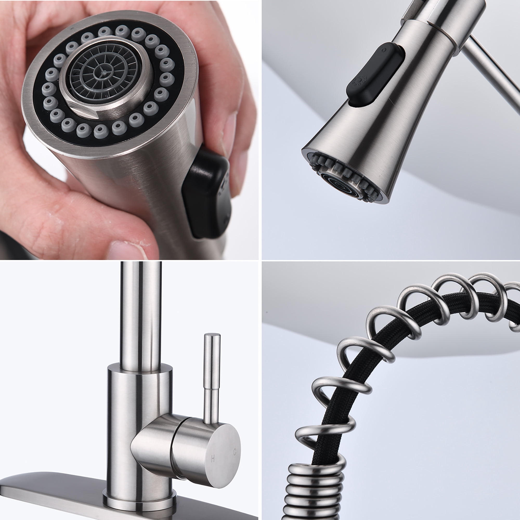 Brushed Nickel Single Handle Commercial Modern Spring High Arc Kitchen Faucet Water Filter System Bends as You Want