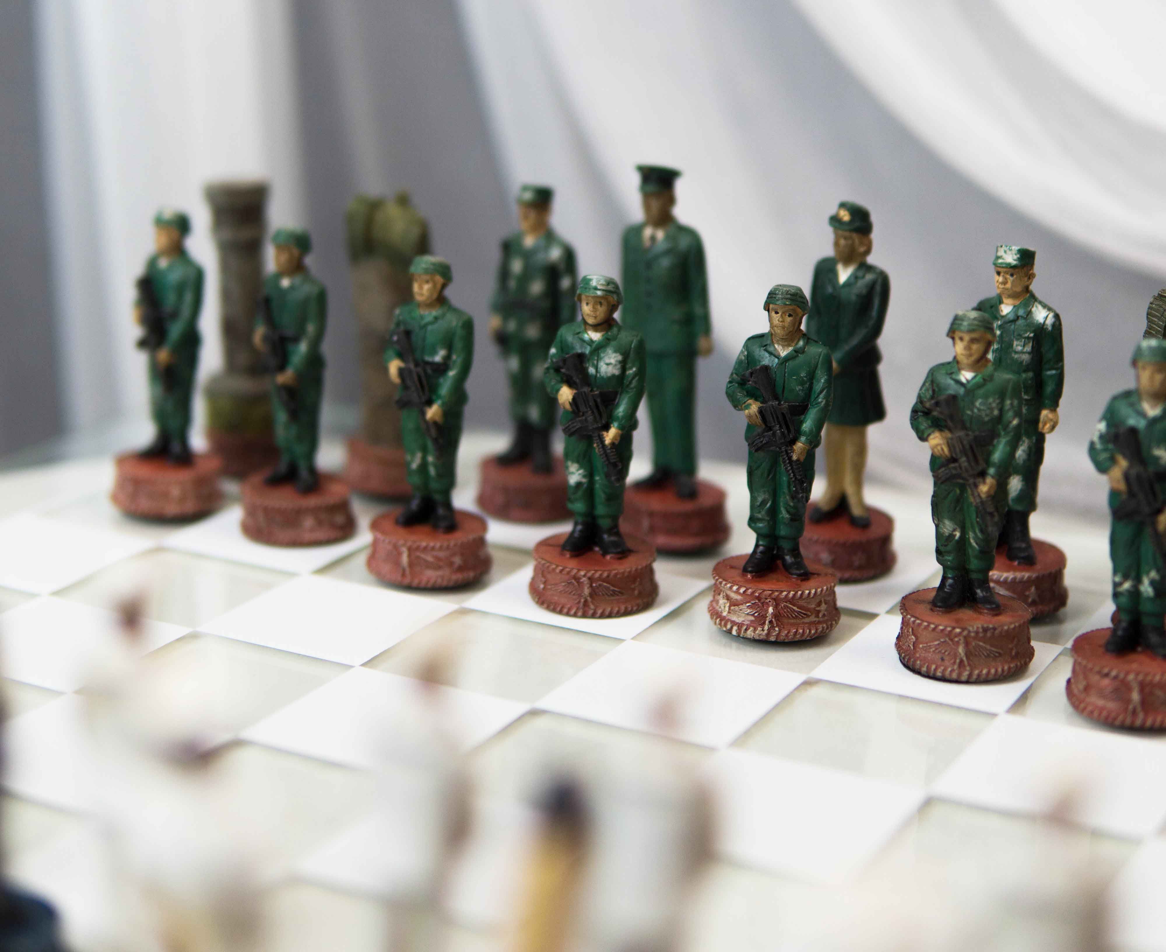 Ebros Gift American Military Army VS Navy Colorful Chess Set, 17" Glass Board, 12 Pieces