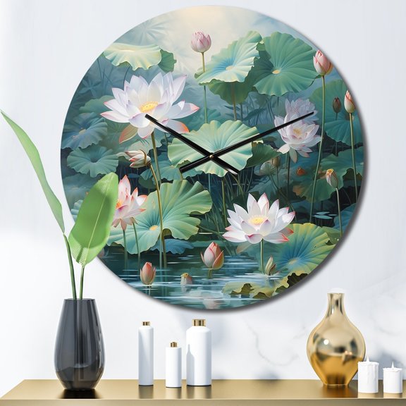 Designart "Lotus Pond Asian Painting II" Asian Oversized Wall Clock
