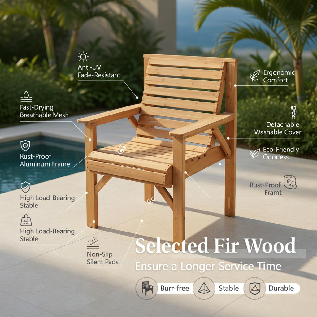 Hommoo Fir Wood Outdoor Dining Chair with Ergonomic Inclined Backrest, Sturdy Patio, Garden & Indoor Solid Wood Chair, Natural