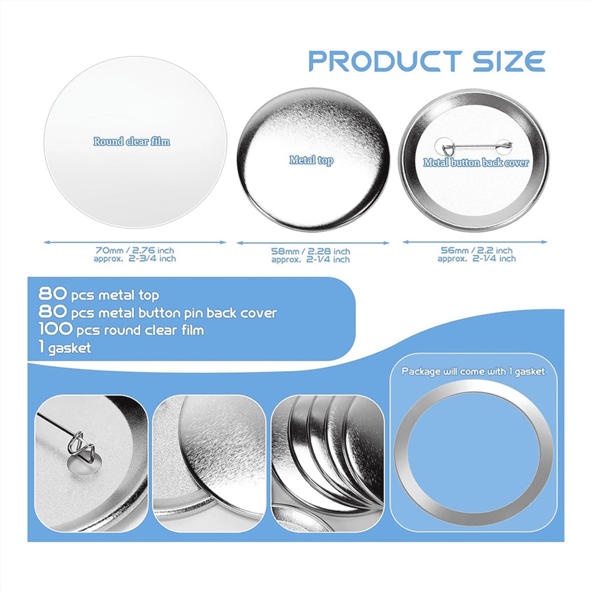 Winyuyby 80 Sets 58mm/2.25Inch Metal Button Parts Supplies for Button Machine Round Pin Maker, Badge Blank Button Pins Bulkbutton maker supplies