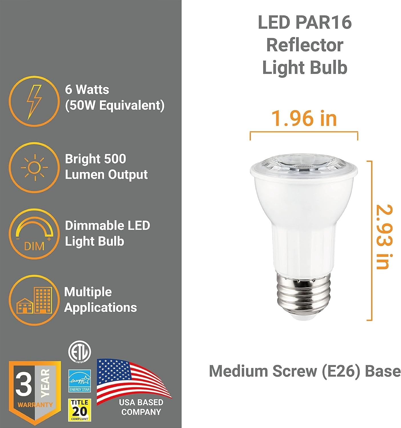 Diodesy- Pack of 4 PAR16/LED/6W/930 PAR16 LED Reflector Light Bulb, 6W (50-Watt Equivalent), 3000K Soft White, E26 Dimmable Bulb for Flood Light, Spot Light, Range Hood Light, Enclosed Fixture Rated
