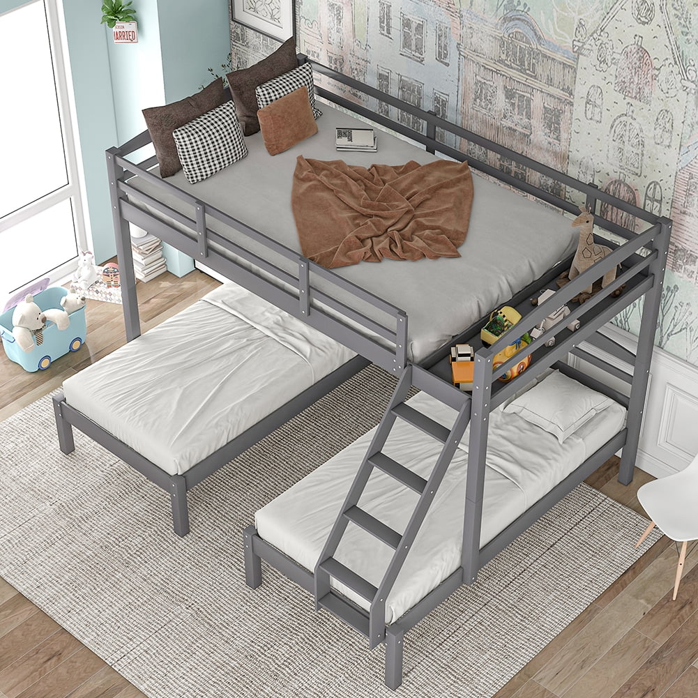 Veryke Full Over Twin & Twin Triple Bunk Bed with Ladder Gray