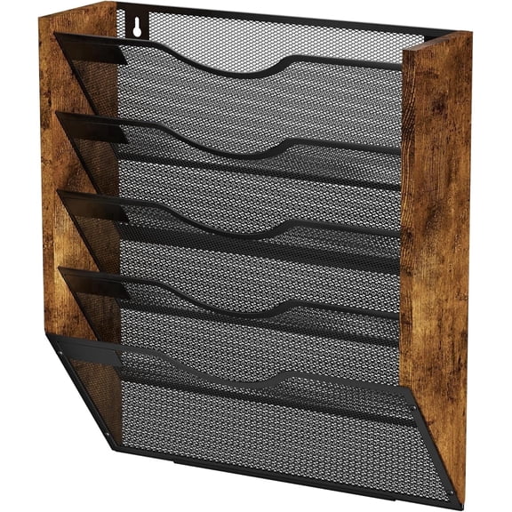 X-COSRACK 5-Tier Ironwood Hanging Wall File Organizer, Mesh Mail Holder with Nametag Labels, Space-Saving Wall Mount Magazine Rack for Office & Home, Black