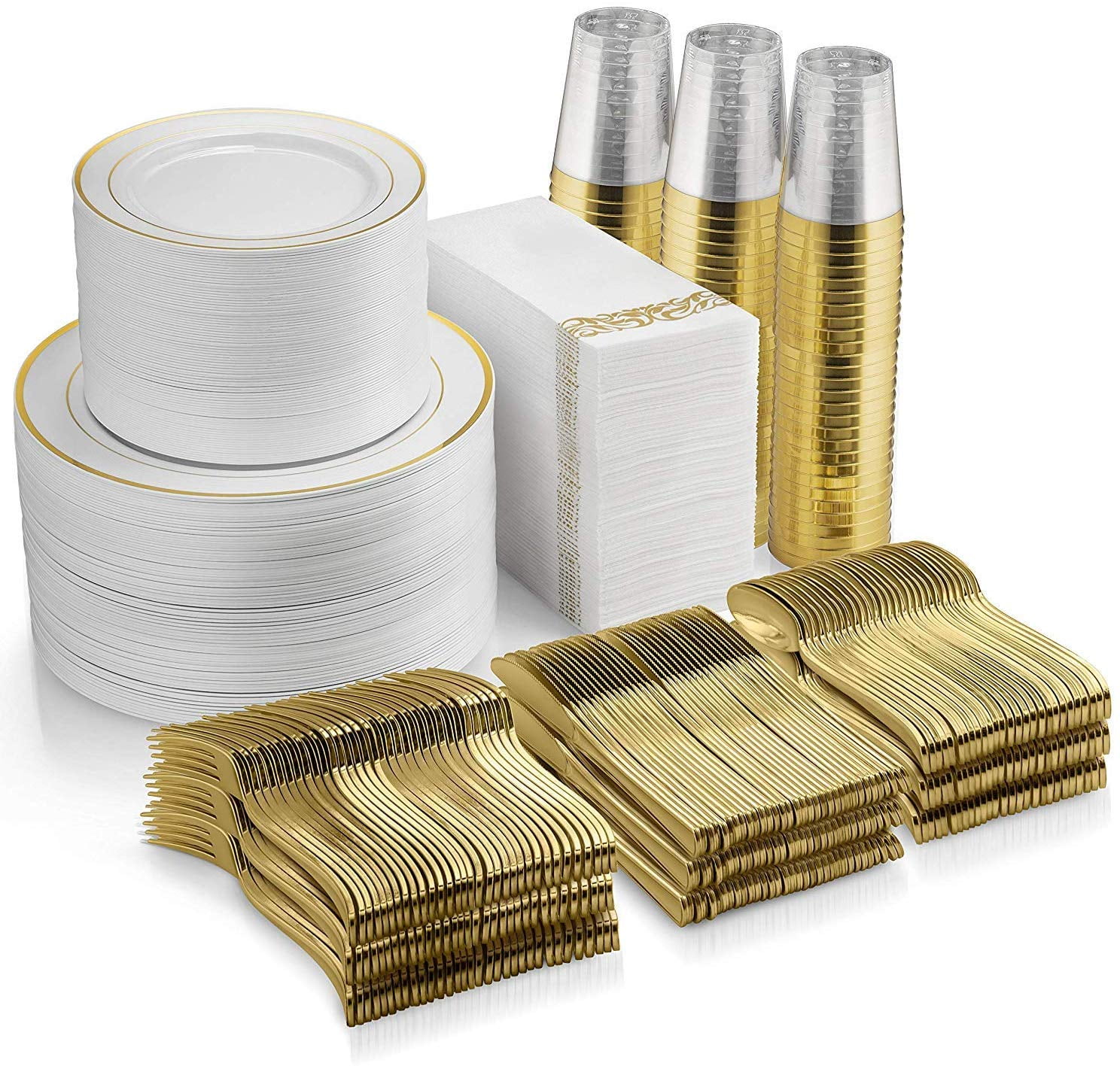 Disposable Gold Silverware and Cups WELLIFE 96 Pcs Gold Plastic Plates 16 Salad Plates 7.5 16 Cutlery and Cups Gold Dinnerware Set Ideal Includes: 16 Dinner Plates 10.25