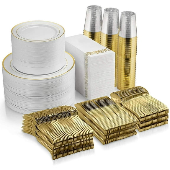 700 Piece Gold Dinnerware Set - 200 Gold Rim Plastic Plates - 100 Gold Plastic Silverware - 100 Gold Plastic Cups - 100 Linen Like Gold Paper Napkins, 100 Guest Disposable Gold Dinnerware Set