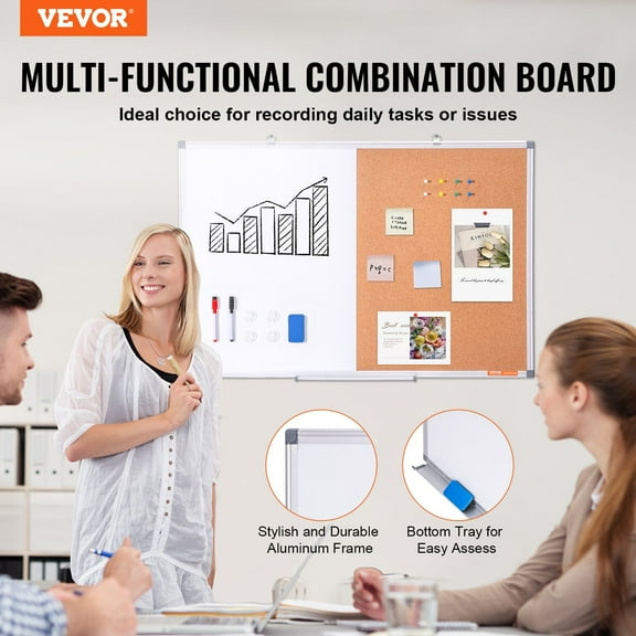 36"x24" Aluminum Frame Whiteboard Cork Board Combo - Wall Mount Dry Erase Board and Bulletin Board for Home Classroom