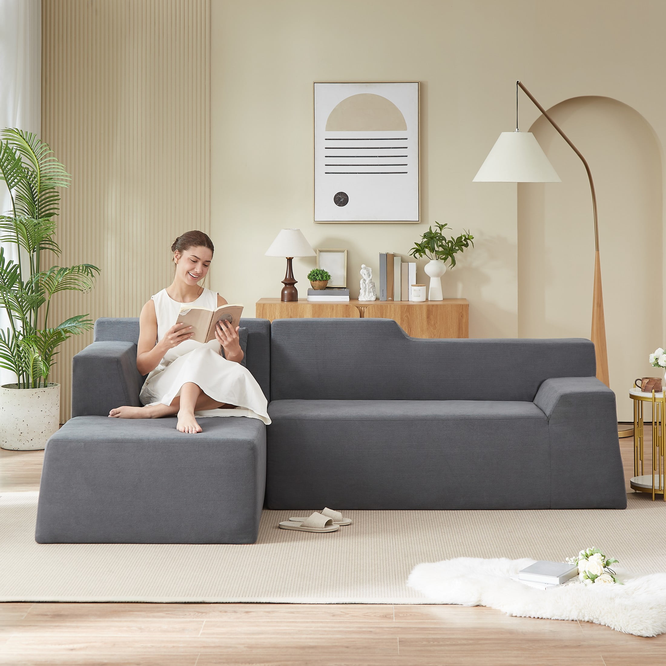 Aukfa 96" Modular Sectional Sofa, L-Shaped Cloud Couch with Left Facing Chaise, Corduroy 3-Seat Memory Foam Sofa for Living Room, Gray