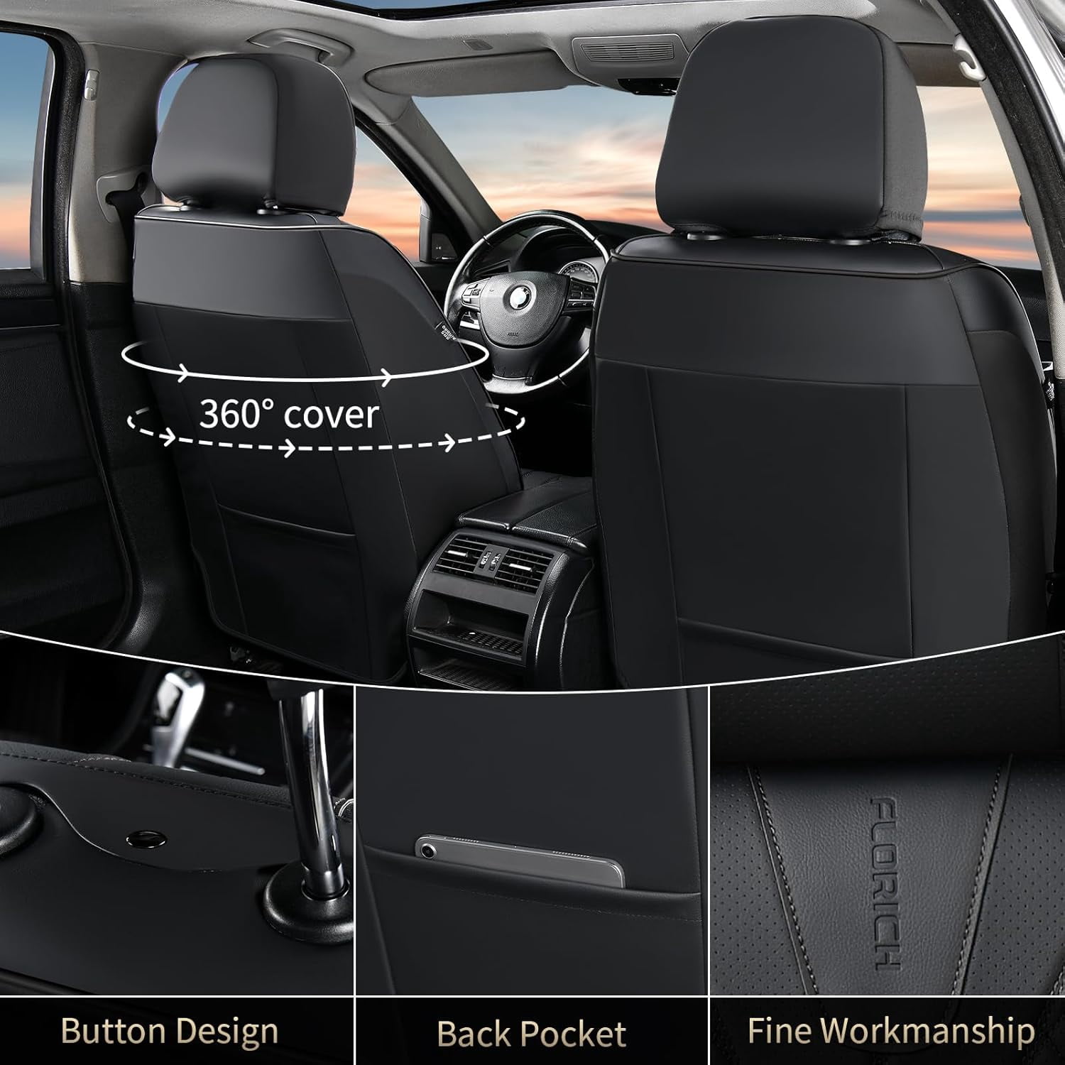 FLORICH Front Pair Car Seat Covers, Premium Faux Leather Seat Protectors, Breathable Material Cushions Universal Fit for Most Cars, Black