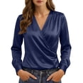 thumbnail image 2 of Kadlawus Women Long Sleeve Wrap Blouse Elegant Casual Basic Solid Slim Fit Tops Soft Flowy Fabric for Office Commute Business Trip Wear, Navy L, 2 of 9