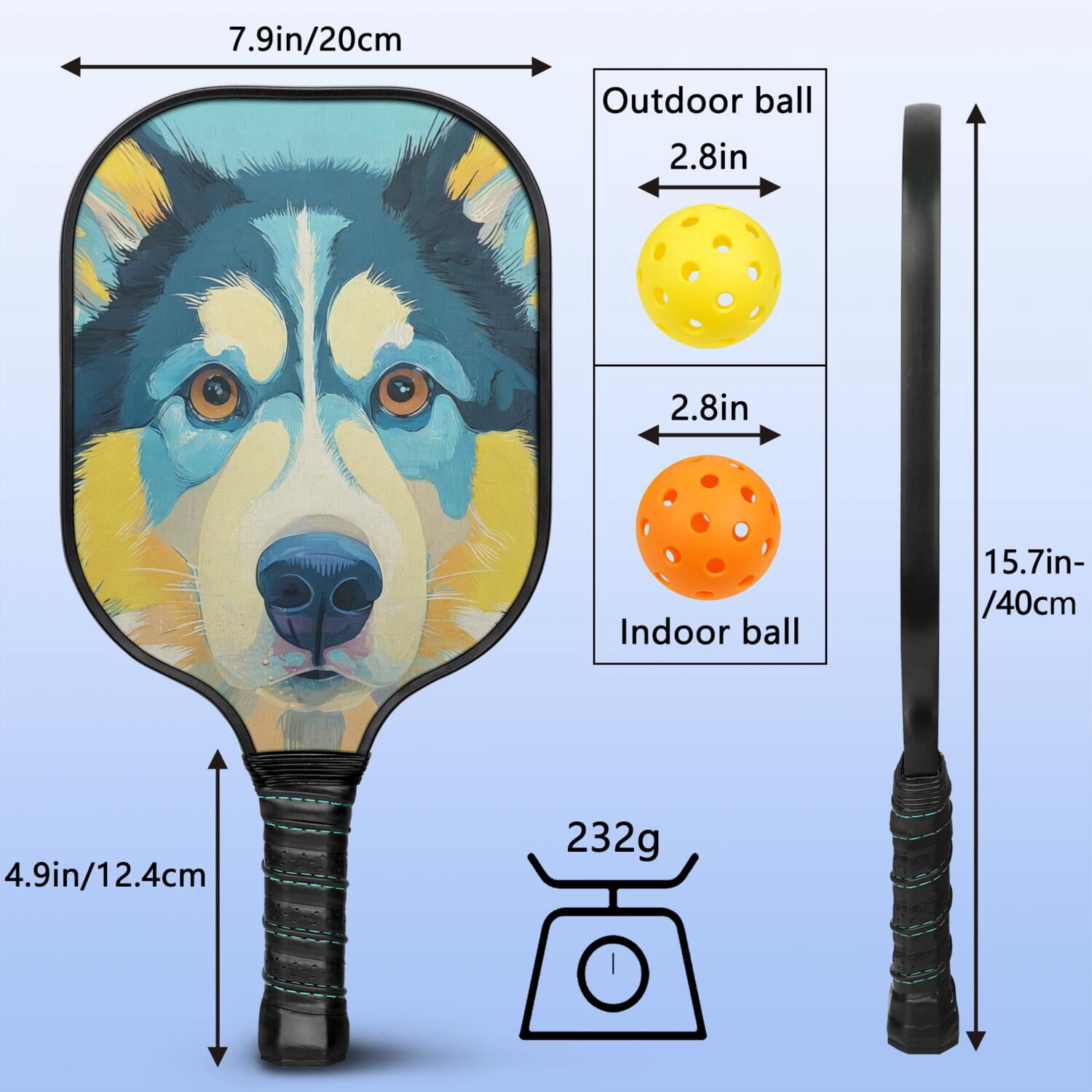 Pickleball Paddles Set Of 2, Fiberglass Surface, Astonished Dog Print, 4 Balls & Bag