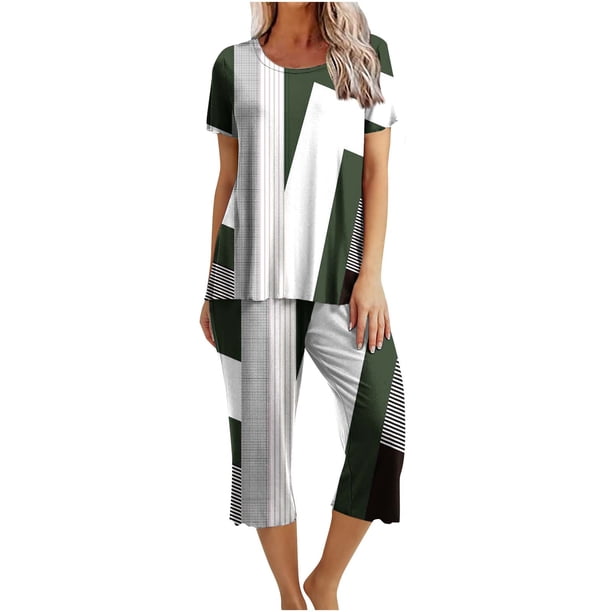 Conjunto de Verano para las Mujeres Impreso Cuello Redondo sin Mangas Y Pantalones, Casual de Dos Piezas para las Mujeres