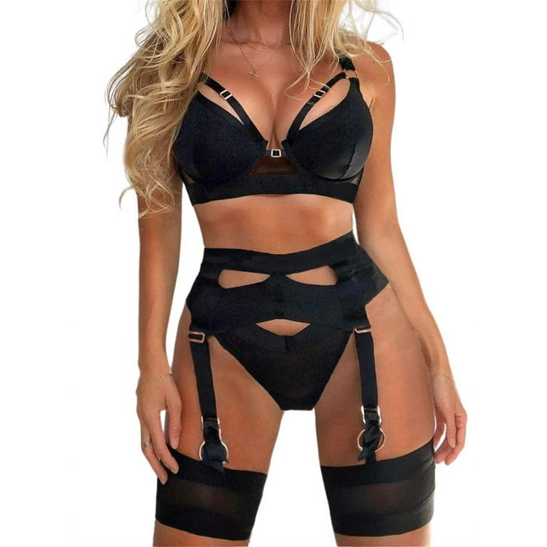 Sexy Lingerie Set For Women 4 Piece Bra And Panty Set With Garter Belt  Strappy Lingerie Set With Thigh Cuffs