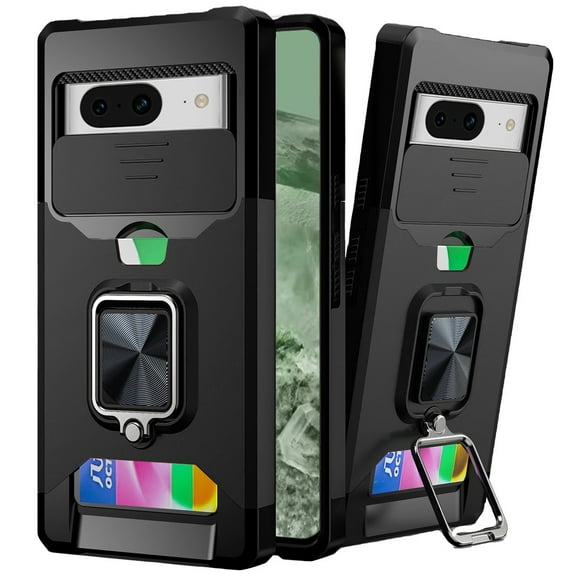 Designed for Google Pixel 8A Wallet Case with Magnetic Ring Stand & Slide Camera Cover Credit Card Holder, Hard TPU Military Grade Phone Case Cover [Black]