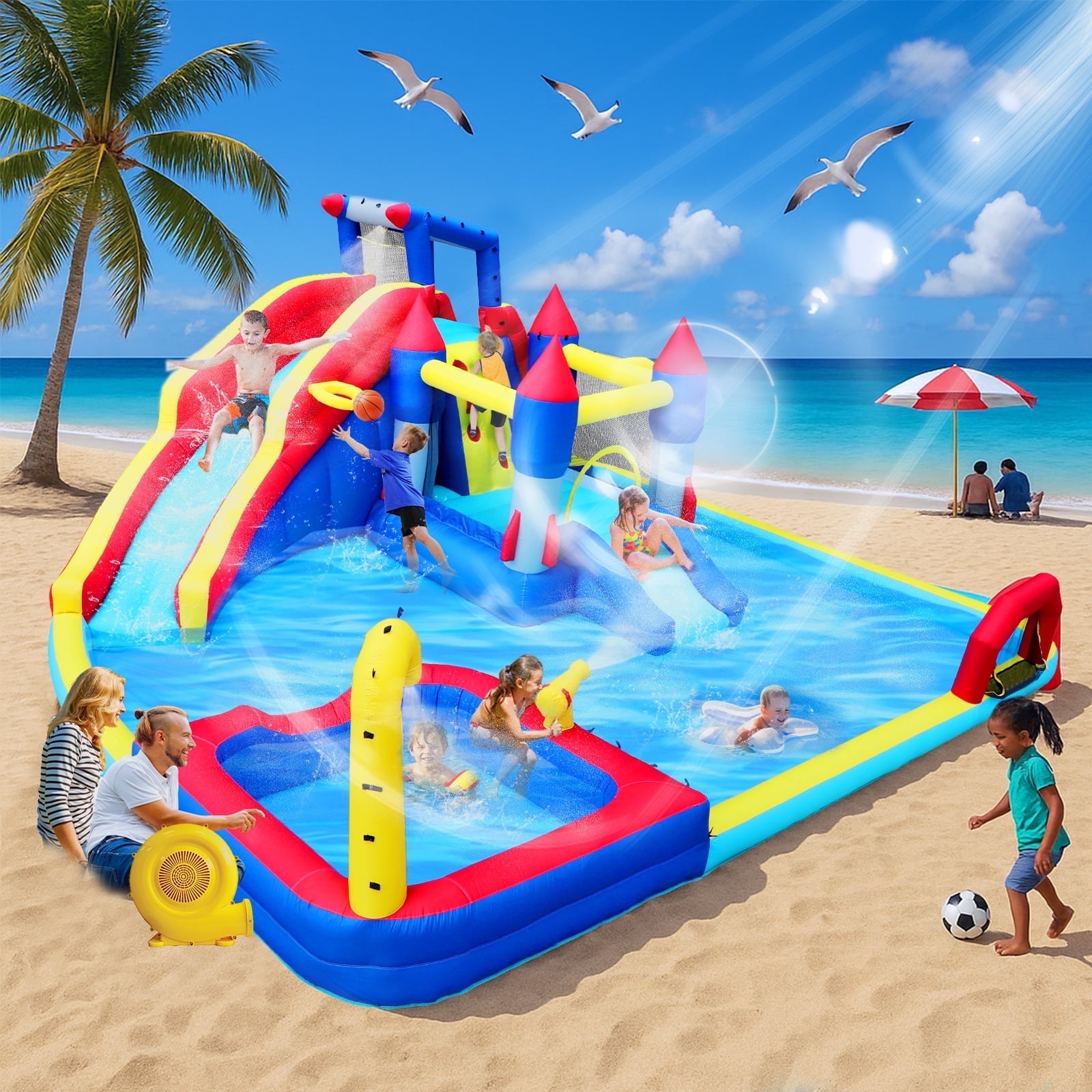 Yeah-hhi Inflatable Water Trampoline with Slide, 5FT/8FT/10FT/13FT Round Bouncer Jumping Platform Water Park Games用Water Trampoline,6.6FT/2.0M Inflatable Water Trampoline for Lake 10ft⁄12ft⁄15ft, Blue⁄Yellow