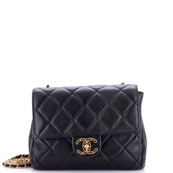 Pre-Owned Chain Woven CC Square Accordion Flap Bag Quilted Lambskin Mini By Rebag