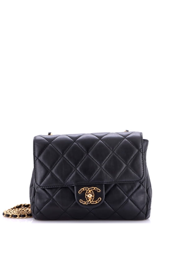 Pre-Owned Chain Woven CC Square Accordion Flap Bag Quilted Lambskin Mini By Rebag
