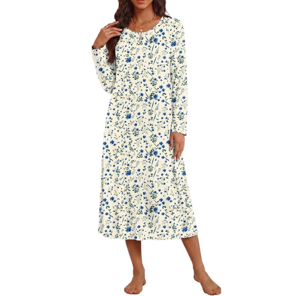 Ekouaer Long Sleeve Nightgowns for Women Calf Length Sleepwear Long Sleepshirts Crewneck Sleep Dress