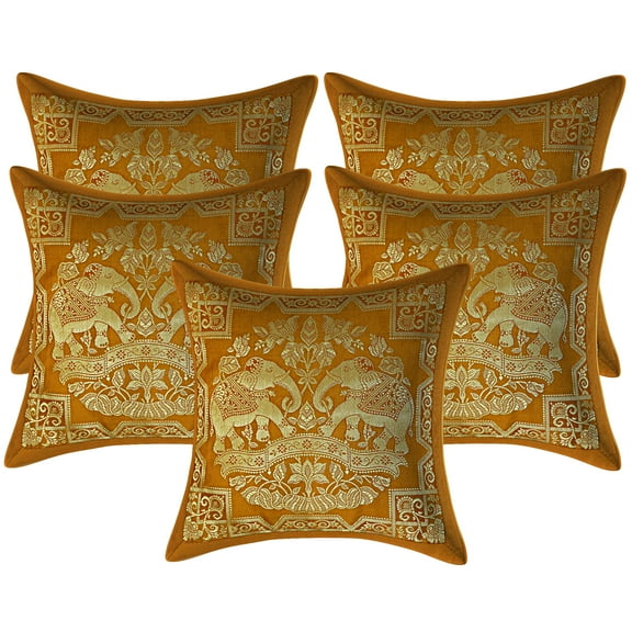 Stylo Culture Indian Decorative Brocade Mustard Yellow And Gold Throw Pillow Covers 12x12 Jacquard Weave Banarasi Sofa Throw Pillow Cases Elephant Floral 30x30 cm Cushion Covers (Set Of 5)