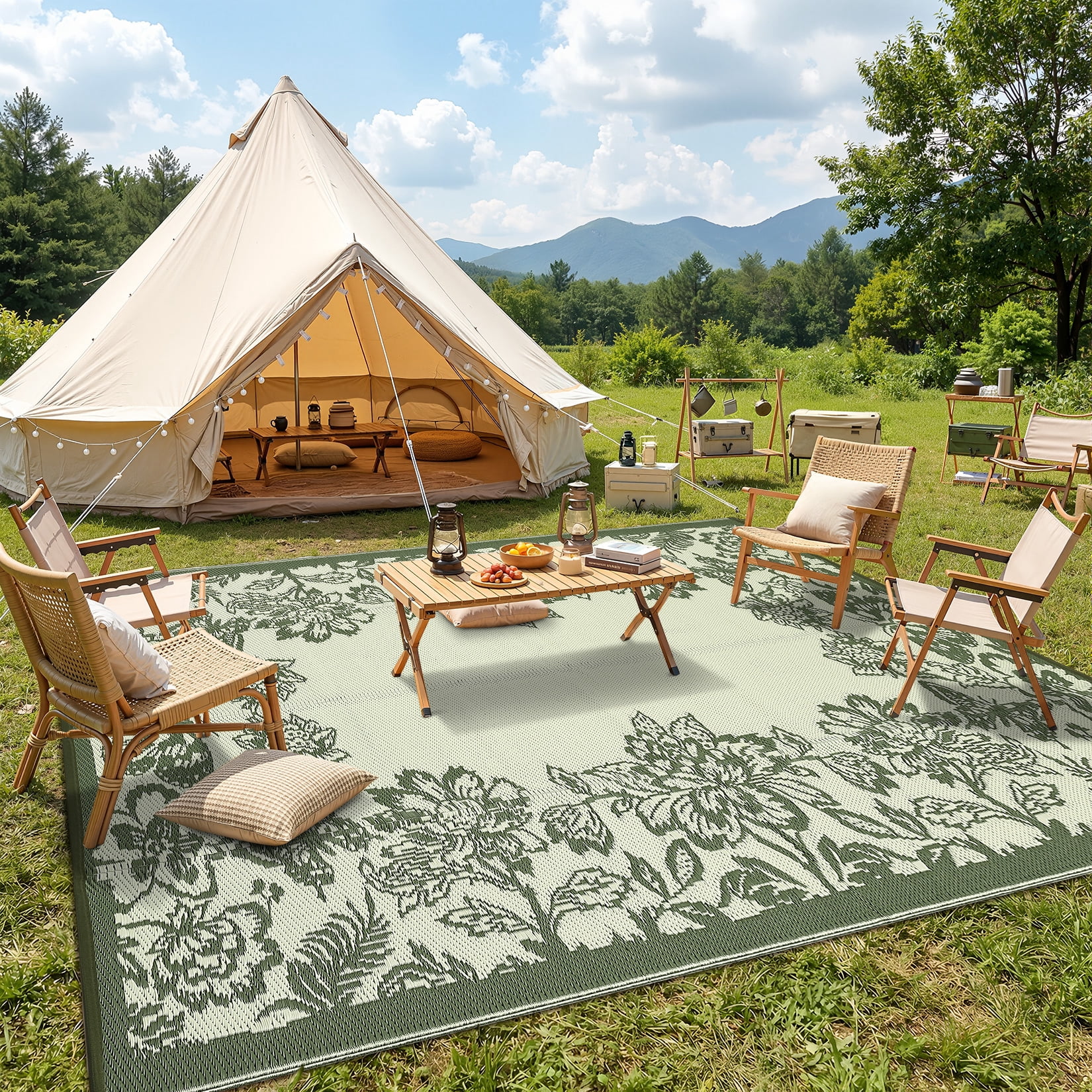 HIWEAVER Sage Green 9'x 18' Outdoor Rug PP Plastic Straw Woven Waterproof Patio Rug with Floral Border Portable Outside Carpet for Balcony Deck Picnic Garden Decor