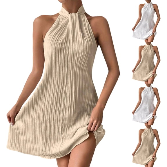 XUNKUSGA A Line Dresses for Women Pearl Beaded Halter Twist Sleeveless Tie Back Summer Dress Fashion Solid Color Stretch Breathable Prom Dress for Work Vacation,Brown,XS