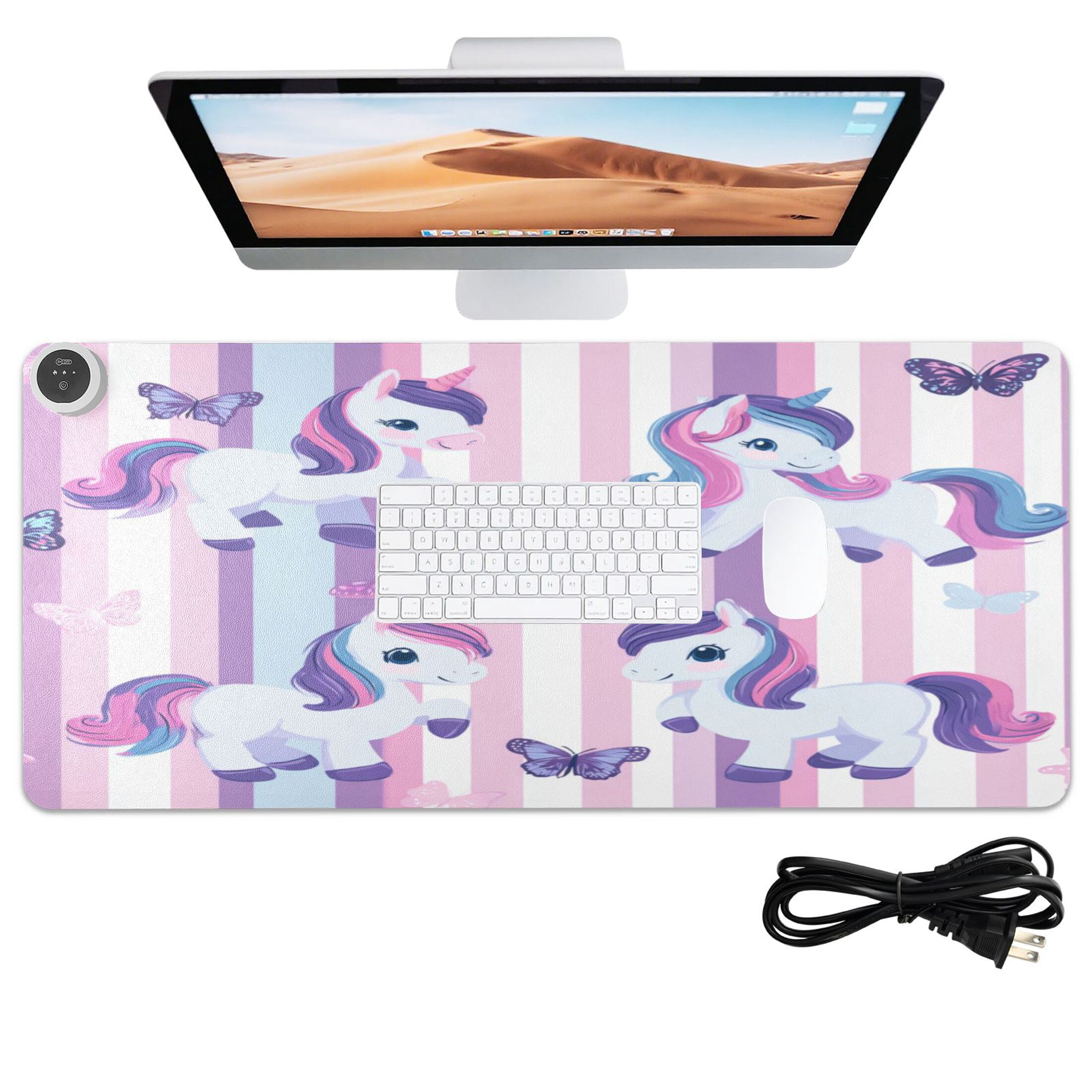 Large Heated Desk Mat Mouse Pad 31.5"x13"PU Leather Graphene Heating Desk Warmer with 3 Temperature Settings 110V US Plug Non-Slip Warm Pad for Home, Office, and Gaming Cute Pastel Unicorn Stripe