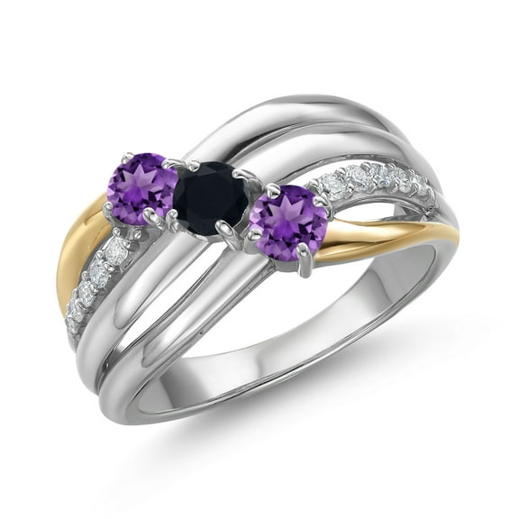 Gem Stone King 925 Silver and 10K Yellow Gold Purple Amethyst and Black Onyx and Lab Grown Diamond Engagement Ring for Women | 0.87 Cttw | Round 4MM | February Birthstone | Size 7