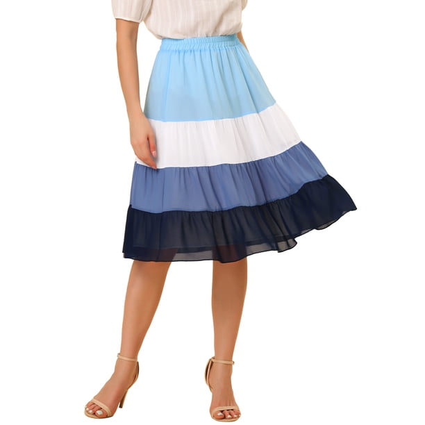 INSPIRE CHIC Falda escalonada elegante de gasa de verano con cintura elástica para mujer Azul L