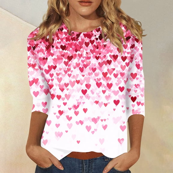Inglocry Valentines Shirts For Women 3/4 Length Sleeve Valentine Day Top 2026 Cute Heart Printed Graphic Shirt Crewneck Pullover Rose Gold 2XL
