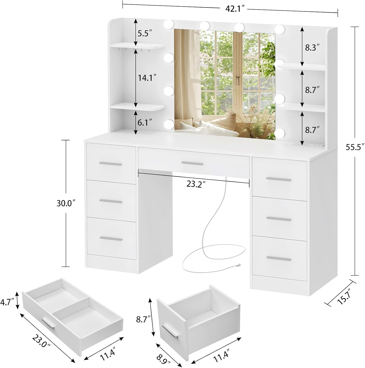 TEENFON Large Vanity Set with Mirror and Power Outlet, Makeup Vanity Desk with 7 Drawers, 4 Shelves and 5 Hooks,Vanity Table for Bedroom, White