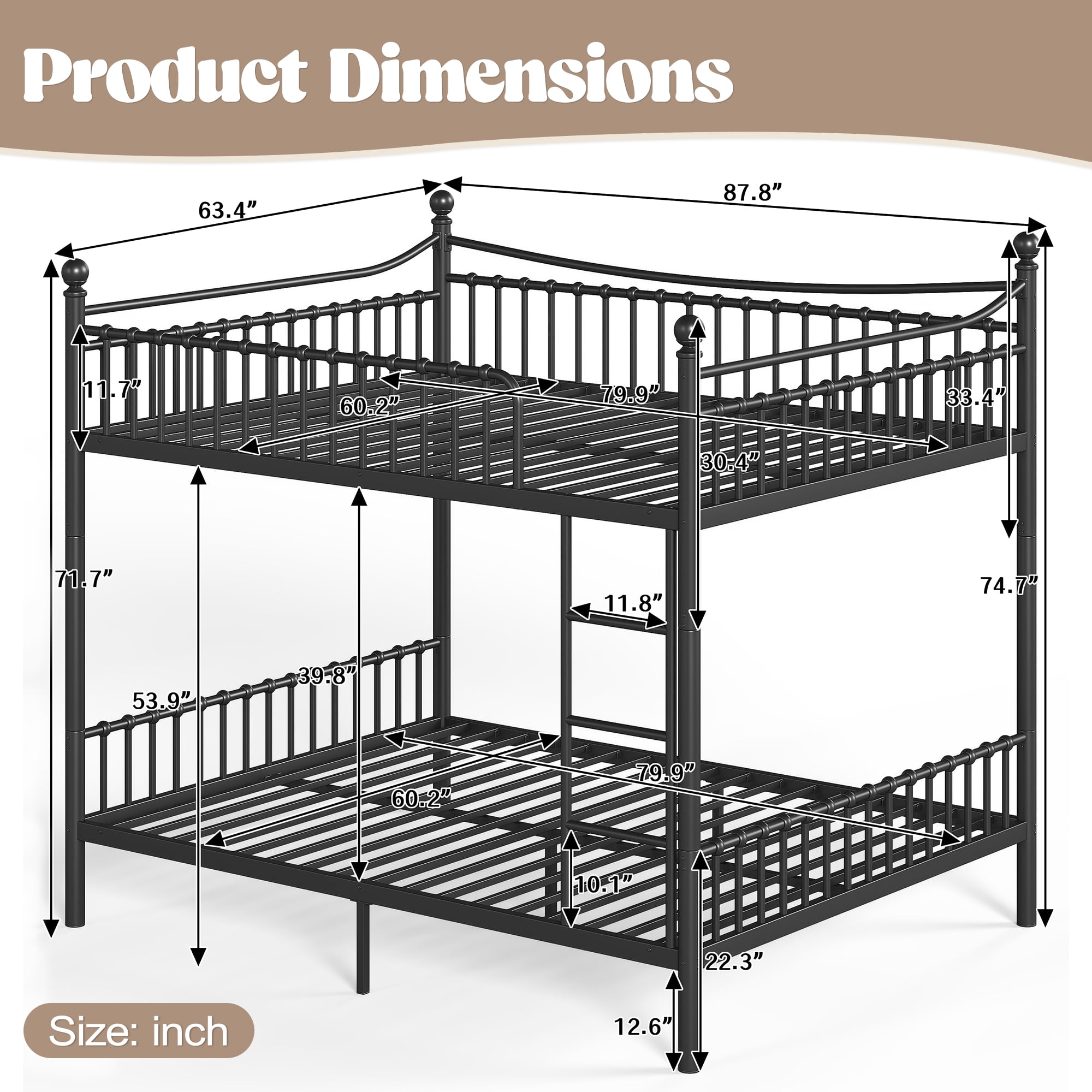 Queen Over Queen Metal Bunk Bed 87.8 Inch, Curved Guardrail Round Tube Frame for Kids Teens Adults, No Box Spring Needed, Black