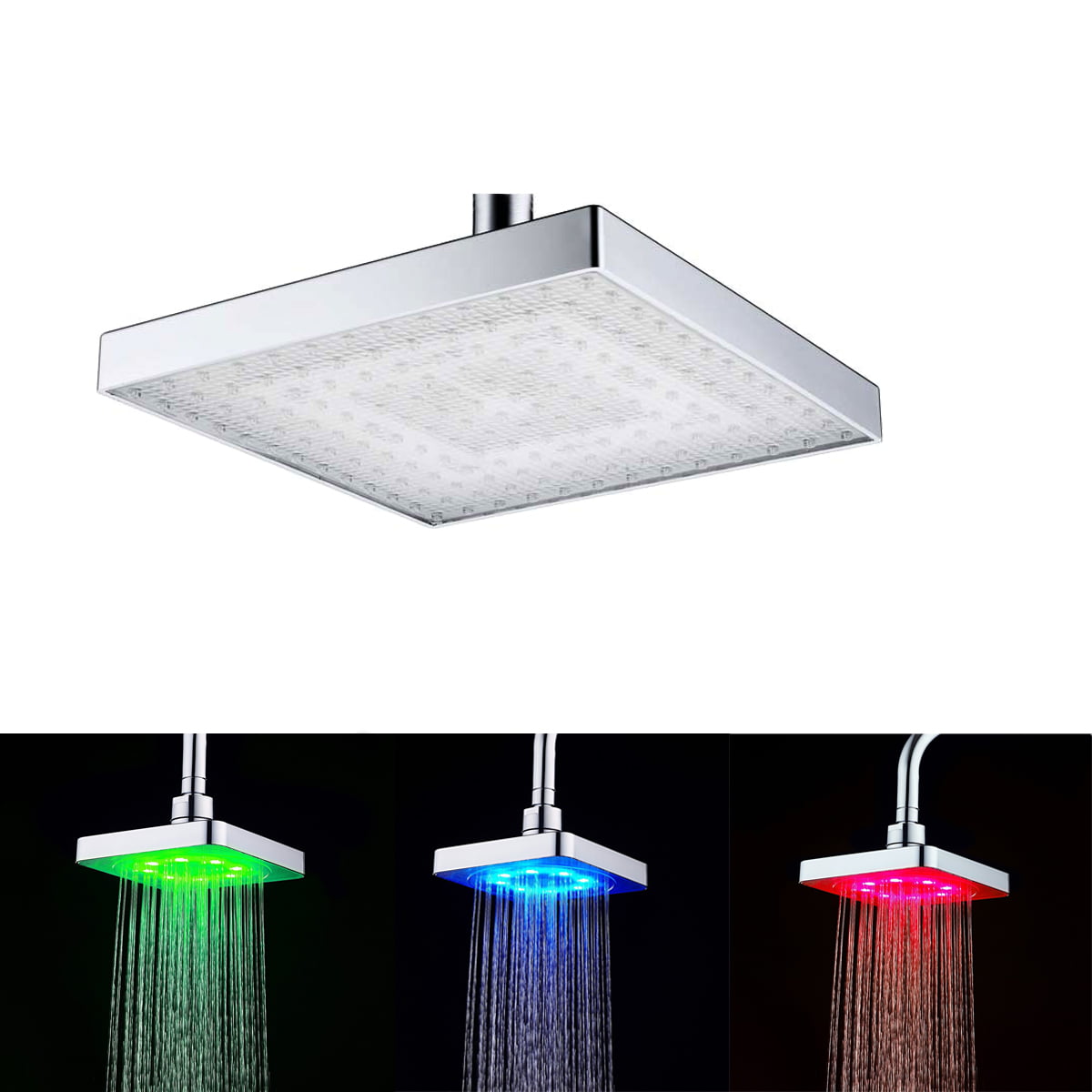 Vzer 8 inch Square 7 Colors Automatic Changing LED Shower Head Bathroom Showerheads Sprinkler