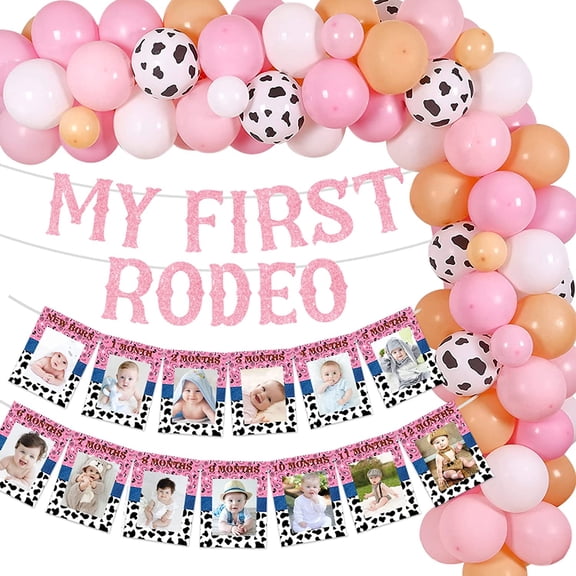 My First Rodeo Birthday Party Decorations for Girl, Horse Theme Girls 1st Birthday Decorations, Western Cowgirl Birthday Balloon Garland Kit Photo Banner for Cowgirl 1st Birthday Party