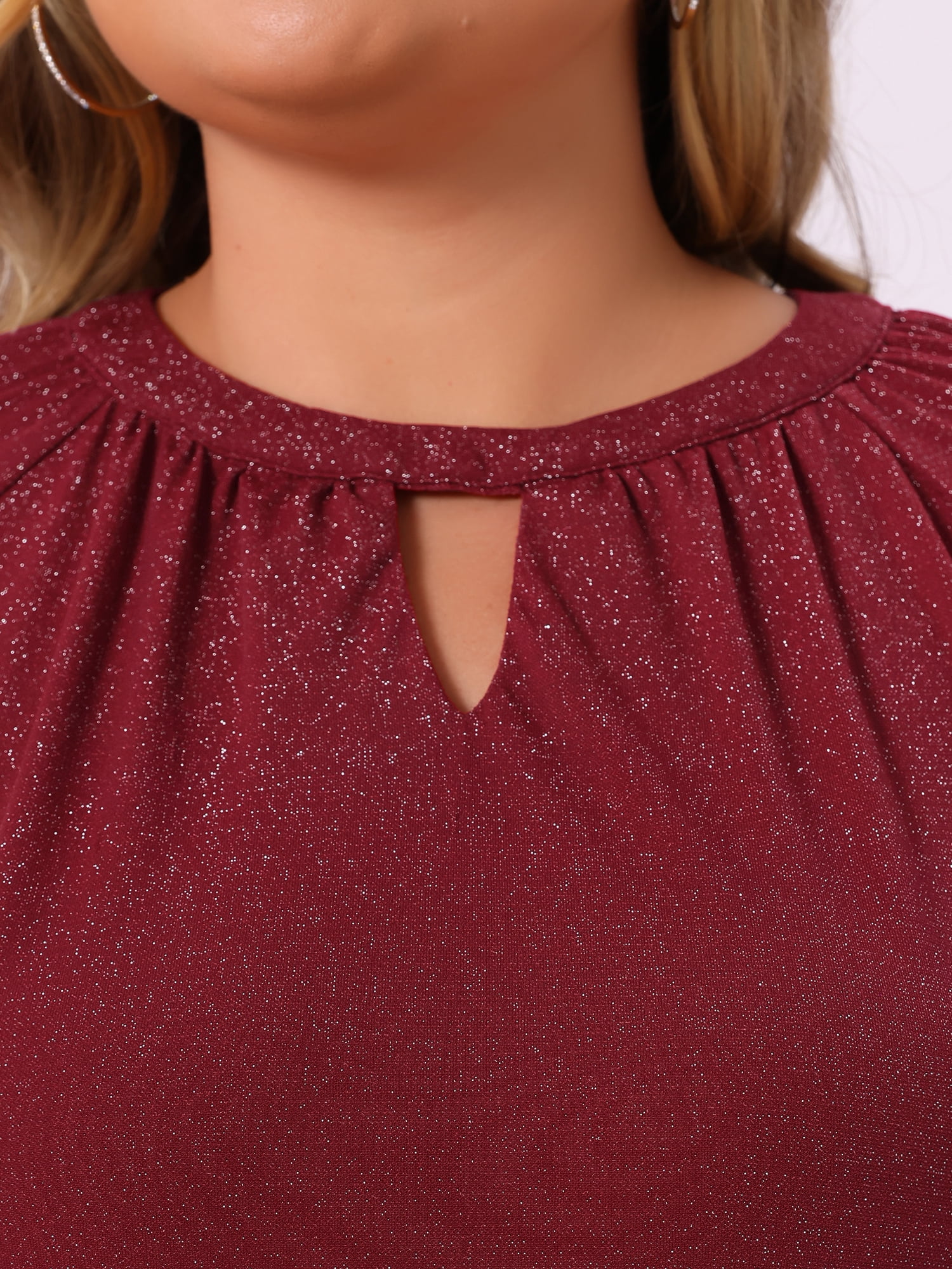 DARING DIVA Women's Plus Glitter Keyhole V Neck Blouses 2X Burgundy