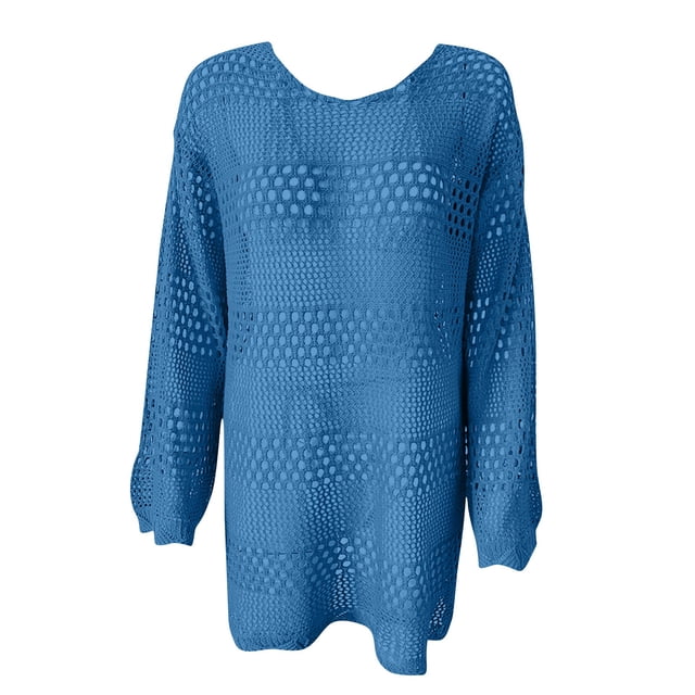 cfhntfmh Robes de Plage pour Femmes Été Mode Ajourée Couvre-Maillot U.S Douce à Manches Longues Col Ras du Cou Robe Mini Tricotée