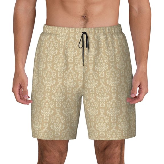 Kdxio Damask Beige Tan Brown Print Men'S Swim Trunks With Compression Liner 7 Inch Inseam Quick Dry Swim Shorts