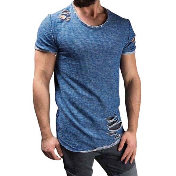 Men's Distressed Cut-Out Short Sleeve Tee, Crew Neck Slim Fit T-Shirt, Summer Casual Streetwear Top