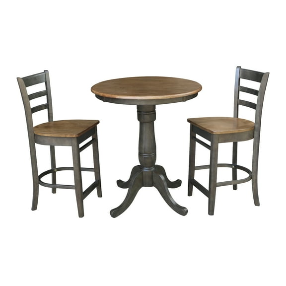 30" Round Wood Counter Height Table With 2 Emily Stools in Hickory/Washed Coal