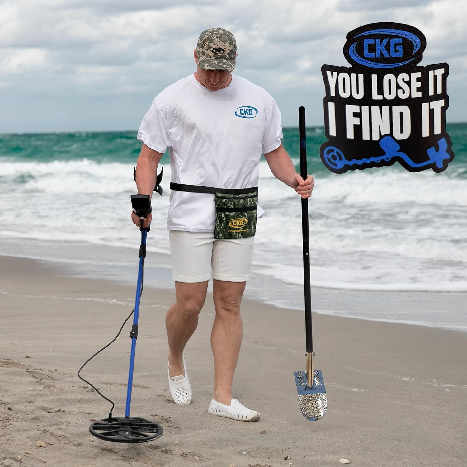 CKG Sand Scoops for Beach Metal Detecting Stainless Steel Beach Metal Detecting Shovel Underwater Treasure Hunting, Metal Detector Accessories(Bag + Scoop + Carbon Fiber Handle), (Diving + Handle)