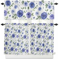 Pink Flowers Kitchen Curtains, Simple Romantic Botanical Floral Leaves 3-Piece Kitchen Curtain Valance and Tiers Set 24 Inch Length, Rod Pocket Half Window Curtains for Cafe Living Room Bathroom