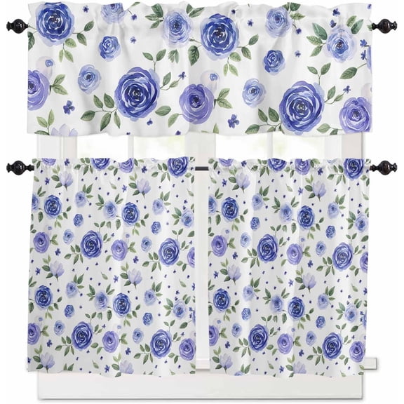 Pink Flowers Kitchen Curtains, Simple Romantic Botanical Floral Leaves 3-Piece Kitchen Curtain Valance and Tiers Set 24 Inch Length, Rod Pocket Half Window Curtains for Cafe Living Room Bathroom