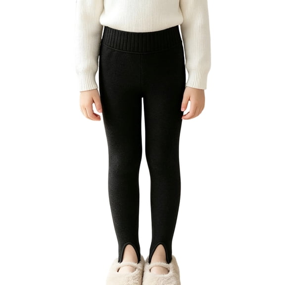 Gaxelrn Girls Black Fleece-Lined Stirrup Leggings, Kids Winter Thermal Cotton Blend High Waist Pull-On, 2-13 Years,Size 6-7 T
