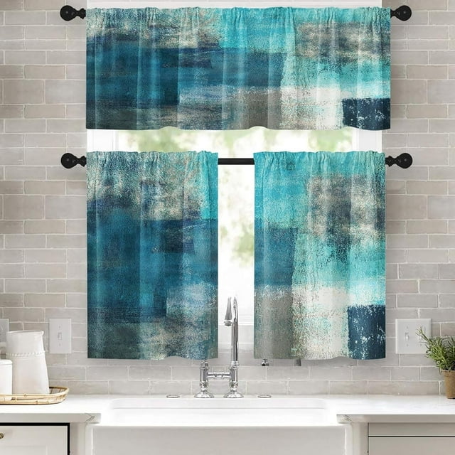 Turquoise Kitchen Curtains Teal Grey Window Curtains Valance and Tier Set 36 Inch, Modern Rod Pocket Short Tier Curtain, Abstract Art Small Cafe Curtains for Kitchen Decor