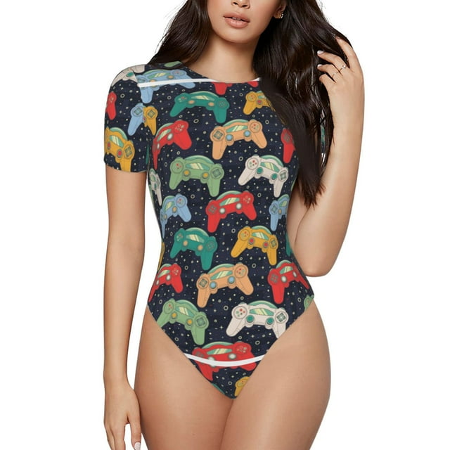 Fotbe Retro Video Game Pattern Women's Crew Neck Short Sleeves Bodysuit Tops Round Neck Slim Sleeveless Soft Comfortable Basic-X-Large