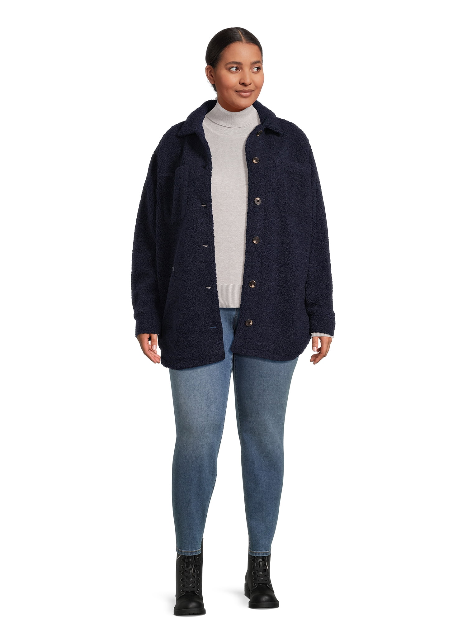 Jason Maxwell Women’s and Women’s Plus Size Faux Shearling Button Down Shacket, Sizes S-3X