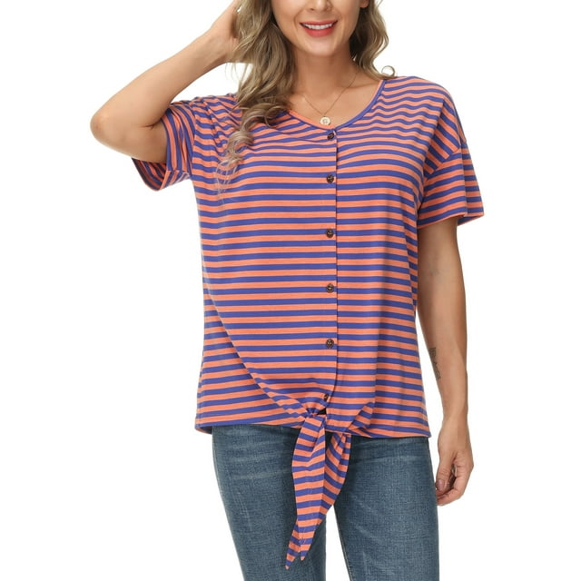 MAWCLOS Hauts d'Été pour Femmes T-shirt Col en V Manches Courtes T-shirt Mode Tunique Rayée Orange Bleu L